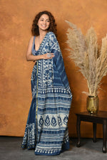 Thumbnail for Very Much Indian Handblock Printed Cotton Saree With Natural Dyes - Blue - Distacart