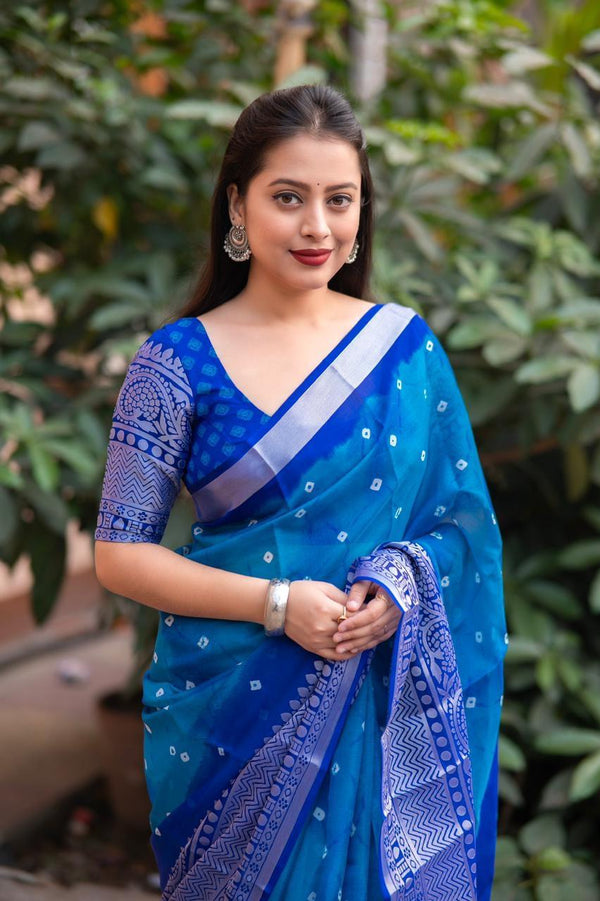 Blue Jute Silk Ethnic Motifs Saree with Unstitched Blouse - Hiral Fashion - Distacart