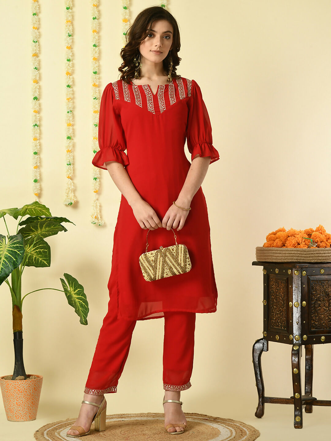 Myshka Women's Red Georgette Kurta With Trousers Party Sets - Distacart
