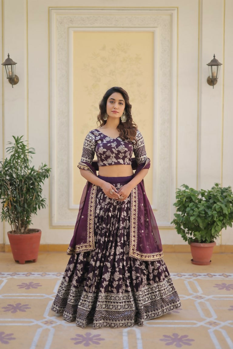 Vastranavya Designer Dyeable Pure Viscose Jacquard Fabric Lehenga Choli & Dupatta Set - Wine - Distacart