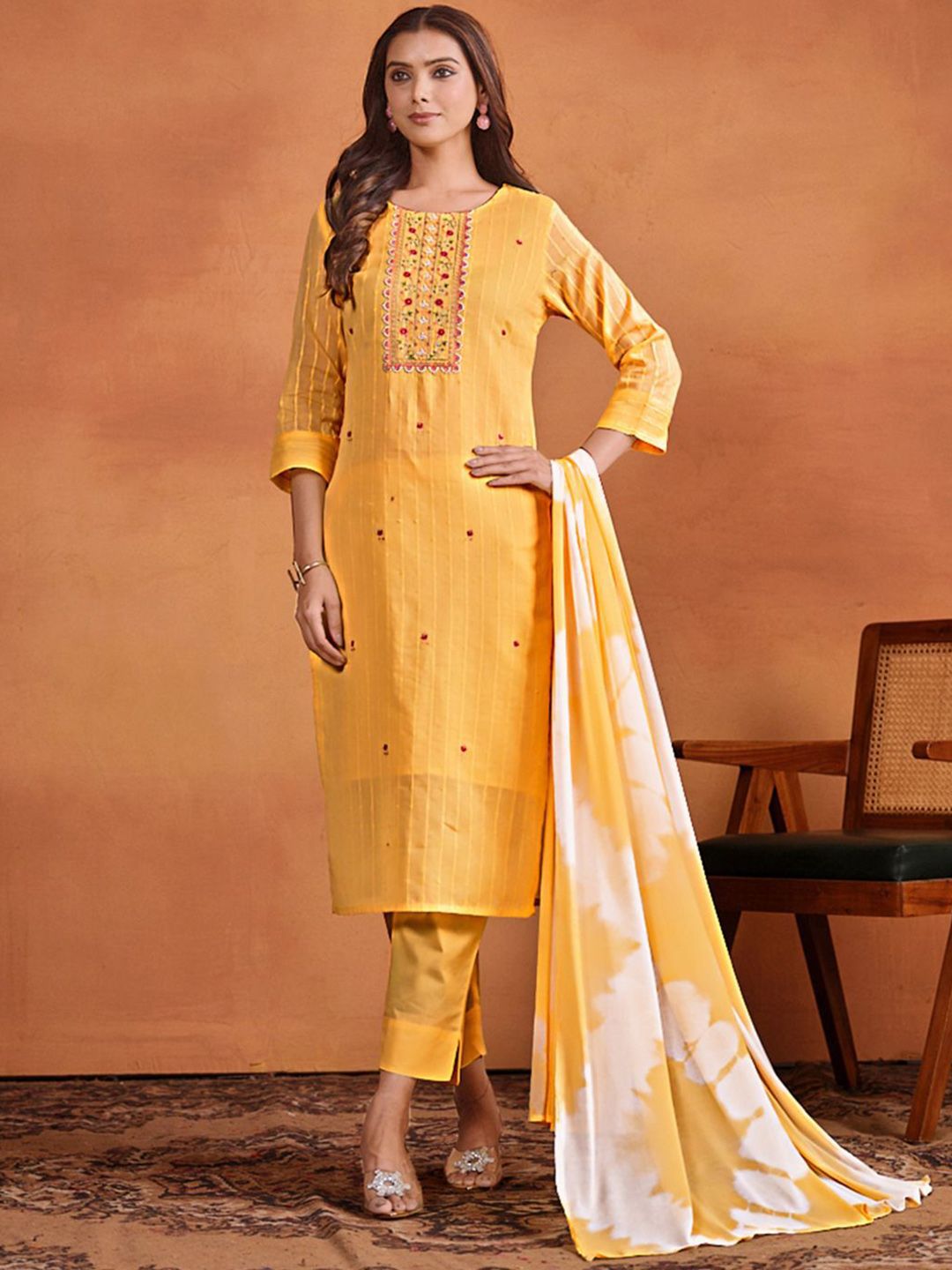 Sangria Ethnic Motifs Embroidered Thread Work Chanderi Silk Kurta with Trousers & Dupatta