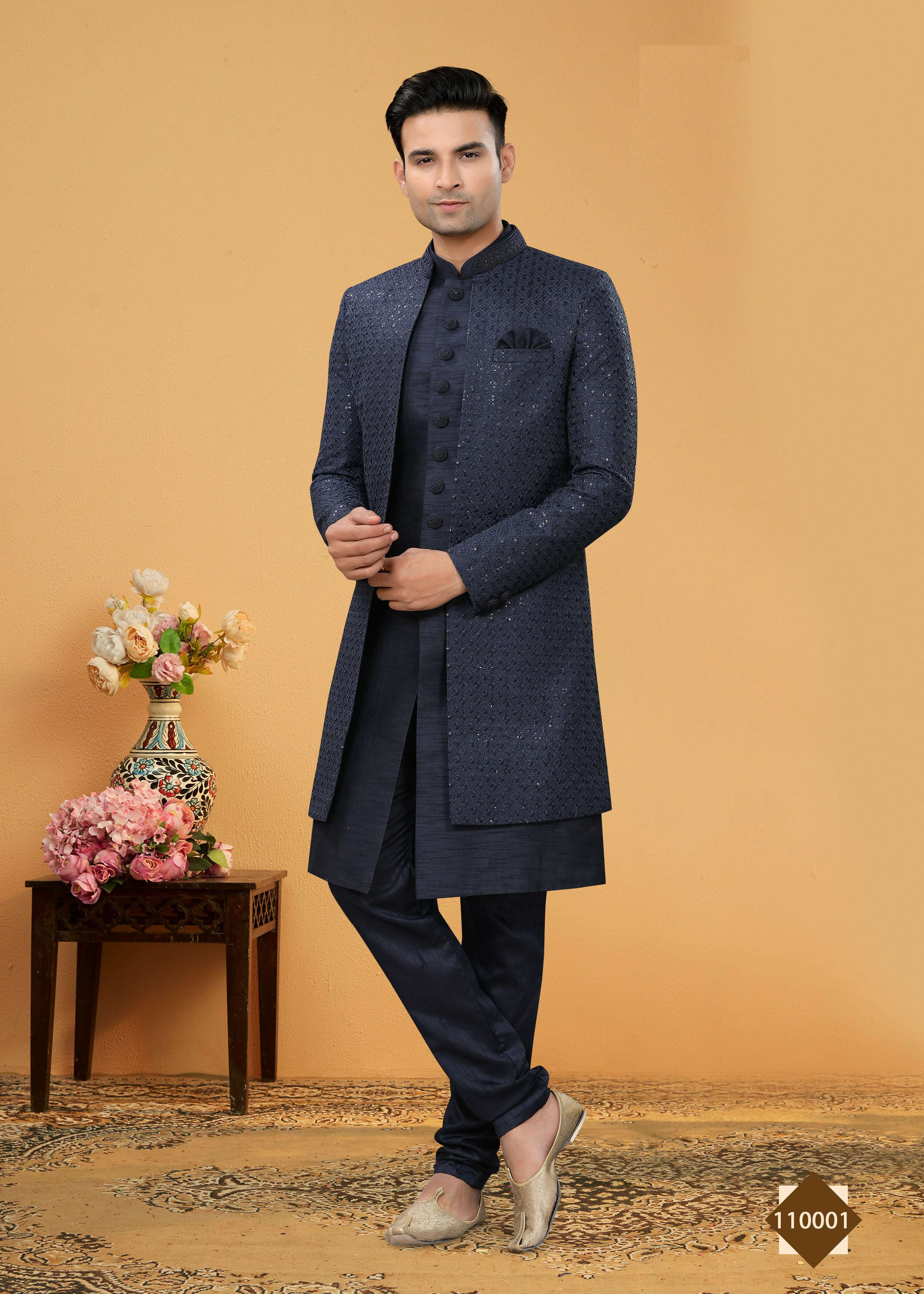 Joban Fashion Men's Navy Blue Art Silk Plain Kurta Pyjama set - Distacart