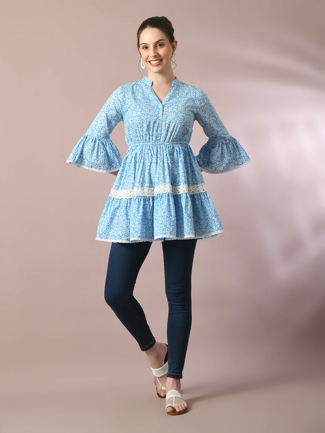 Myshka Women's Blue Embellished Cotton Gathered Party Empire Top - Distacart