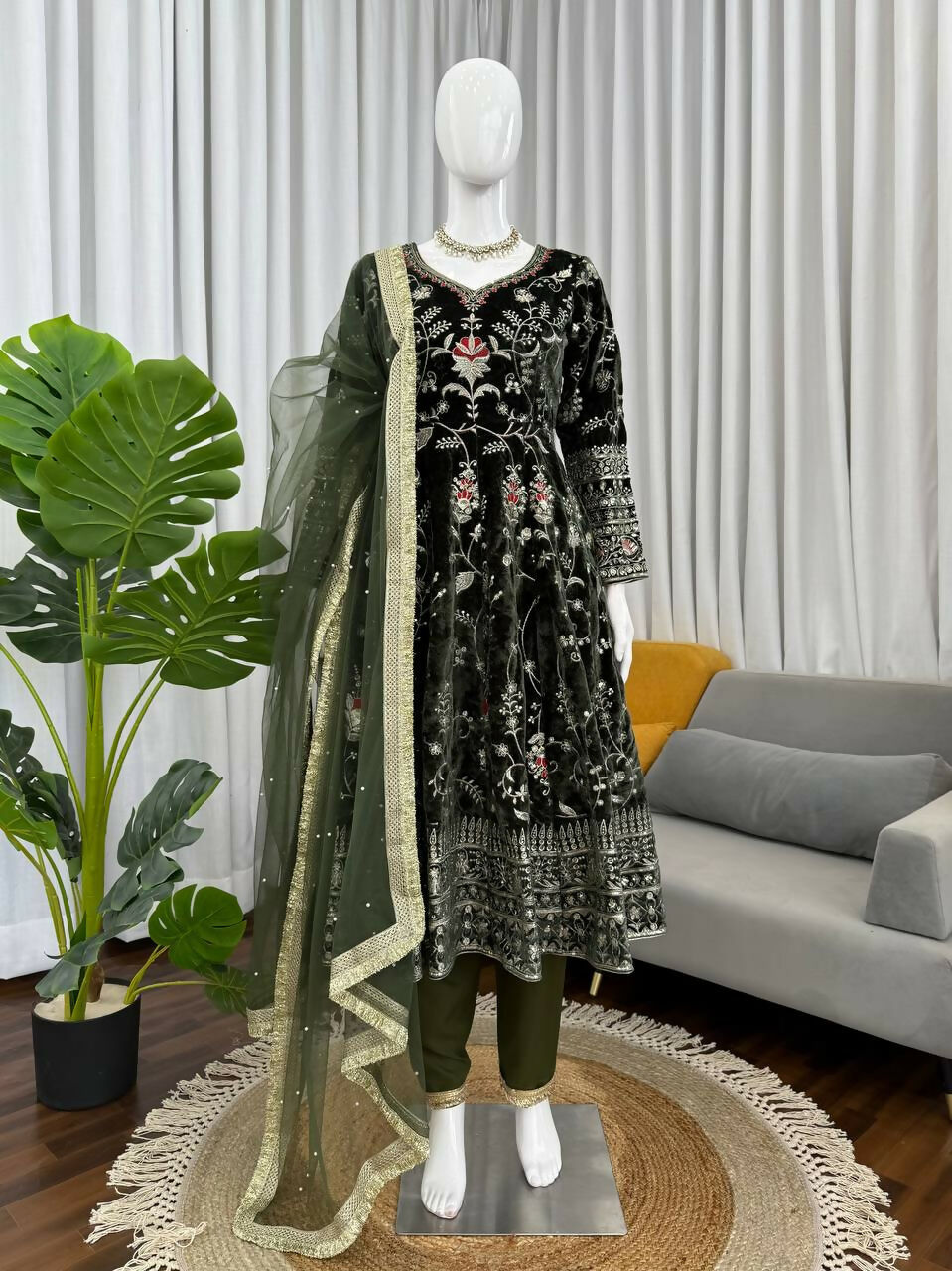 Vastranavya Mehendi Viscose Velvet Thread Sequence Work Top-Bottom With Dupatta - Distacart
