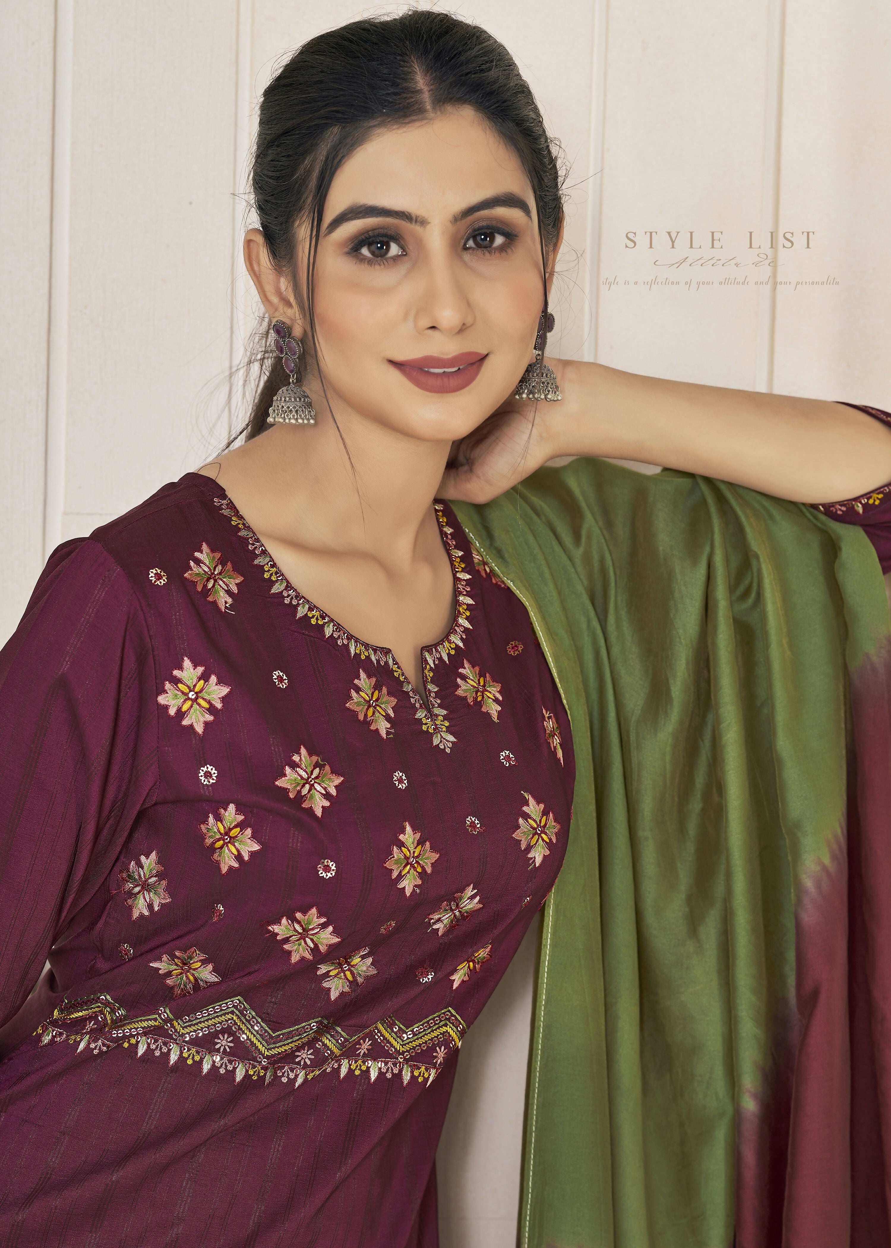 Jyoti Fashion Women's Wine Pure Viscose Weaving Stripe with Embroidery Kurta Set - Distacart