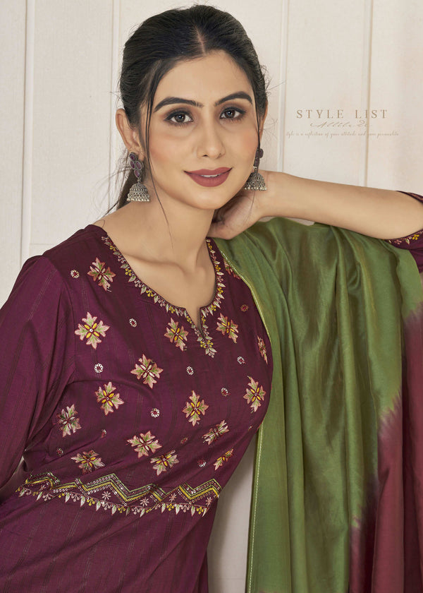 Jyoti Fashion Women's Wine Pure Viscose Weaving Stripe with Embroidery Kurta Set - Distacart