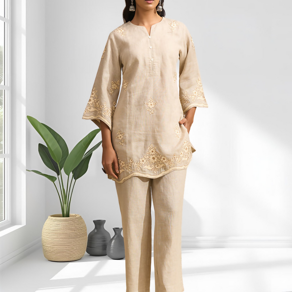 Joban Fashion Beige Linen Embroidered Readymade Cord Set - Distacart