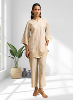 Thumbnail for Joban Fashion Beige Linen Embroidered Readymade Cord Set - Distacart