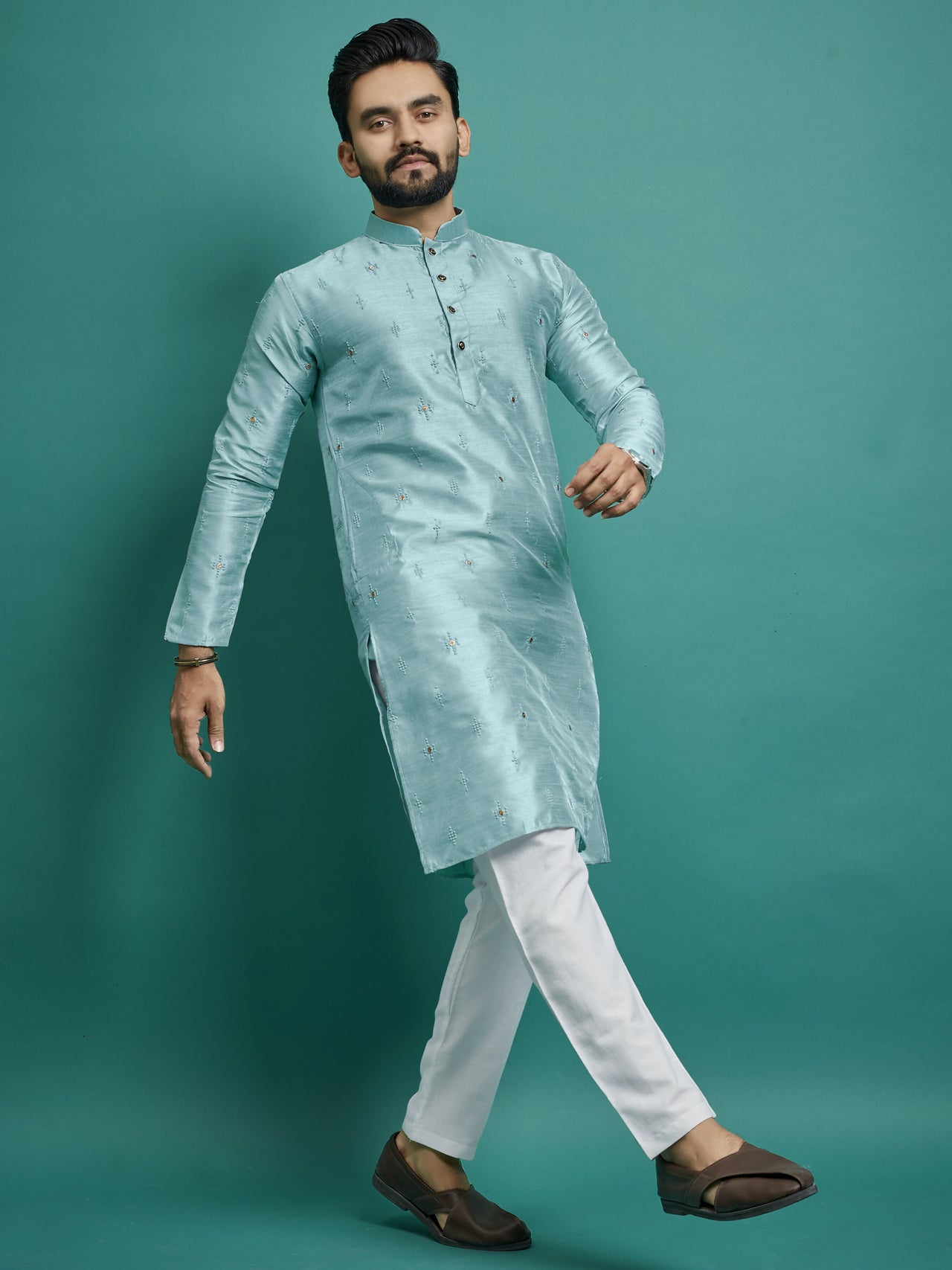 Indian Designer Embroidered Light Blue Men's Kurta Pajama Set by Infinity Export - Distacart