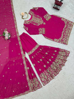 Thumbnail for The52 Women's Beautiful Faux Georgette Fabric Embroidery Work Straight Kurt Sharara and Dupatta Set - Distacart