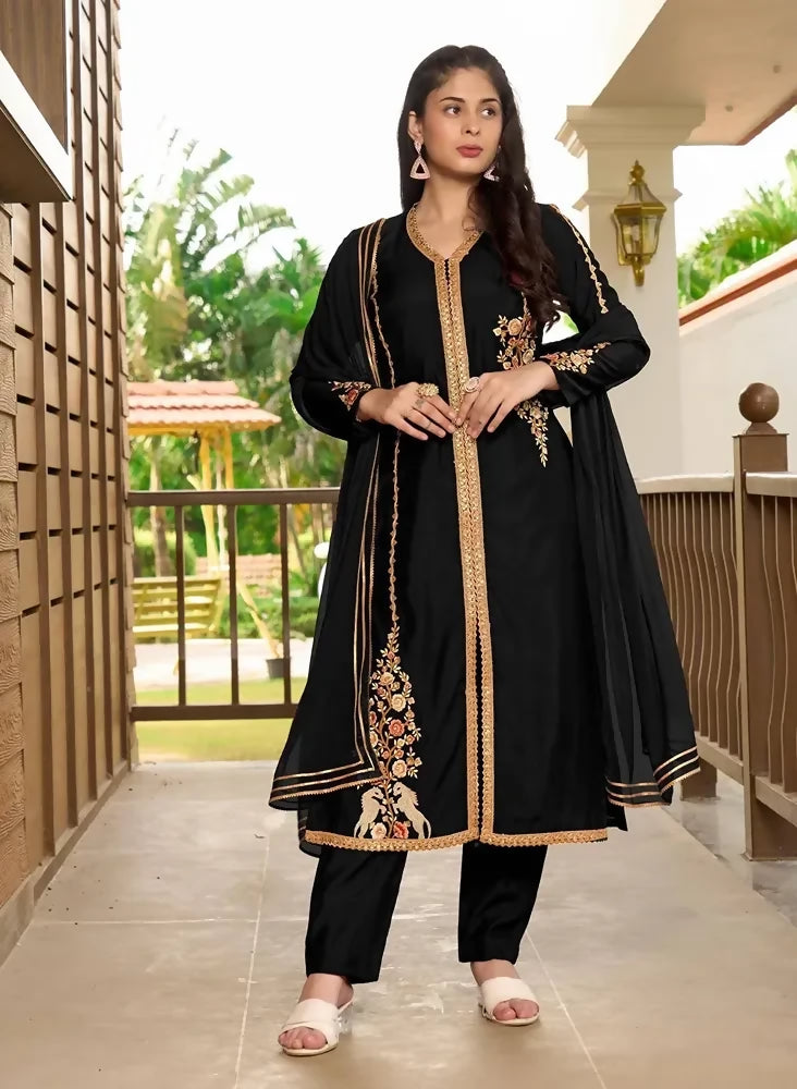 Nikhaar Black Embroidered Art Silk A Line Readymade Pakistani Suit