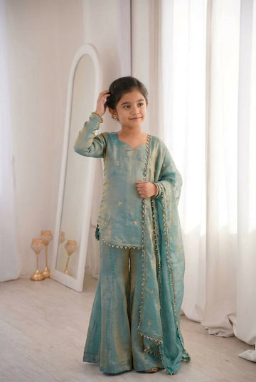 Teeya Creation New Stylish Embroidered Kids Kurta Palazzo Set-Blue - Dista