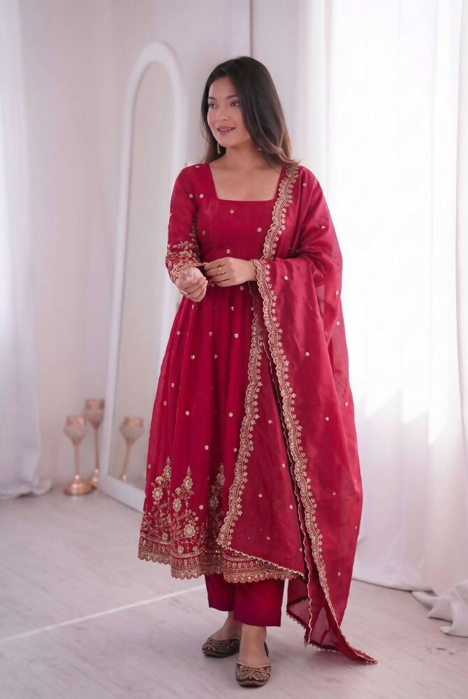 Teeya Creation Womens New Latest Trendy Elegant Red Embroidered Anarkali Suit Set with Scalloped Dupatta - Dista