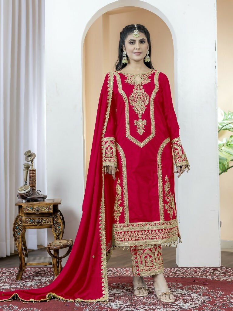 Teeya Creation Red Color Chinnon Silk Embroidery Work Fully Stitched Salwar Suit