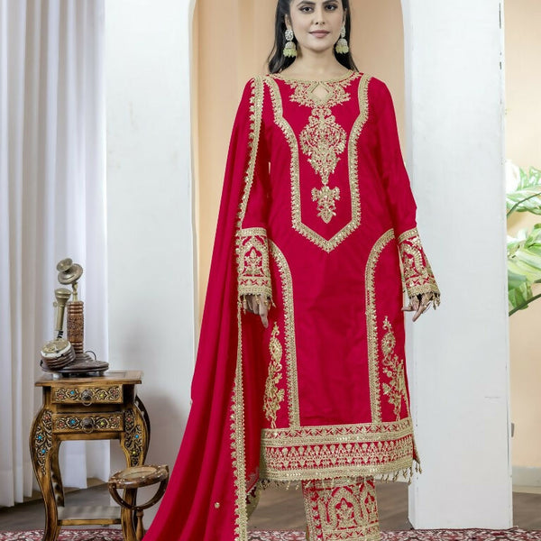 Teeya Creation Red Color Chinnon Silk Embroidery Work Fully Stitched Salwar Suit