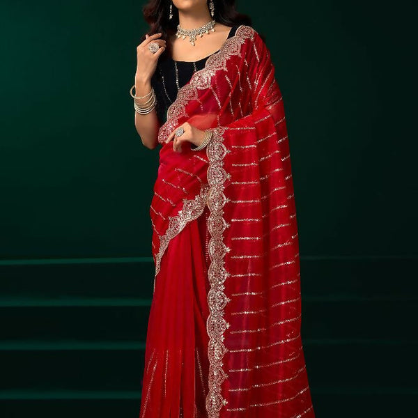 Joban Fashion Red Net Party Wear Sarees - Distacart