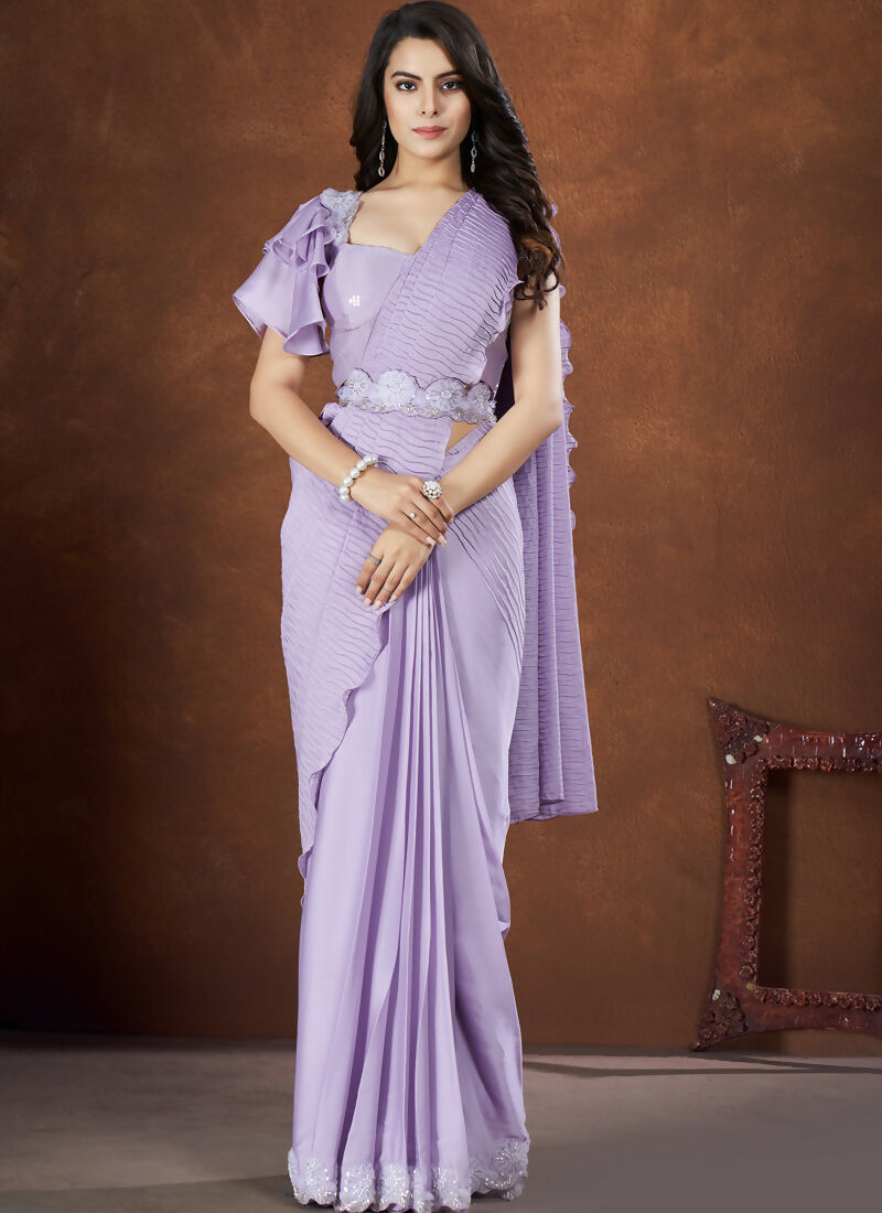 Lavendar Crepe Satin Silk Embroidered Saree with stitched Blouse - Mohmanthan Saha Saki - Distacart