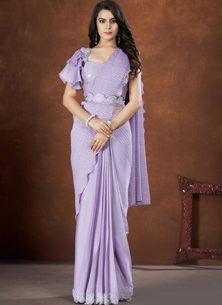 Lavendar Crepe Satin Silk Embroidered Saree with stitched Blouse - Mohmanthan Saha Saki - Distacart