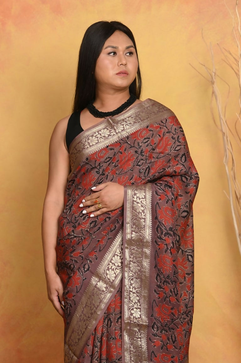 Very Much Indian Modal Silk Ajrakh Handblock Printed Natural Dyes With Designer Border Saree - Maroon - Distacart