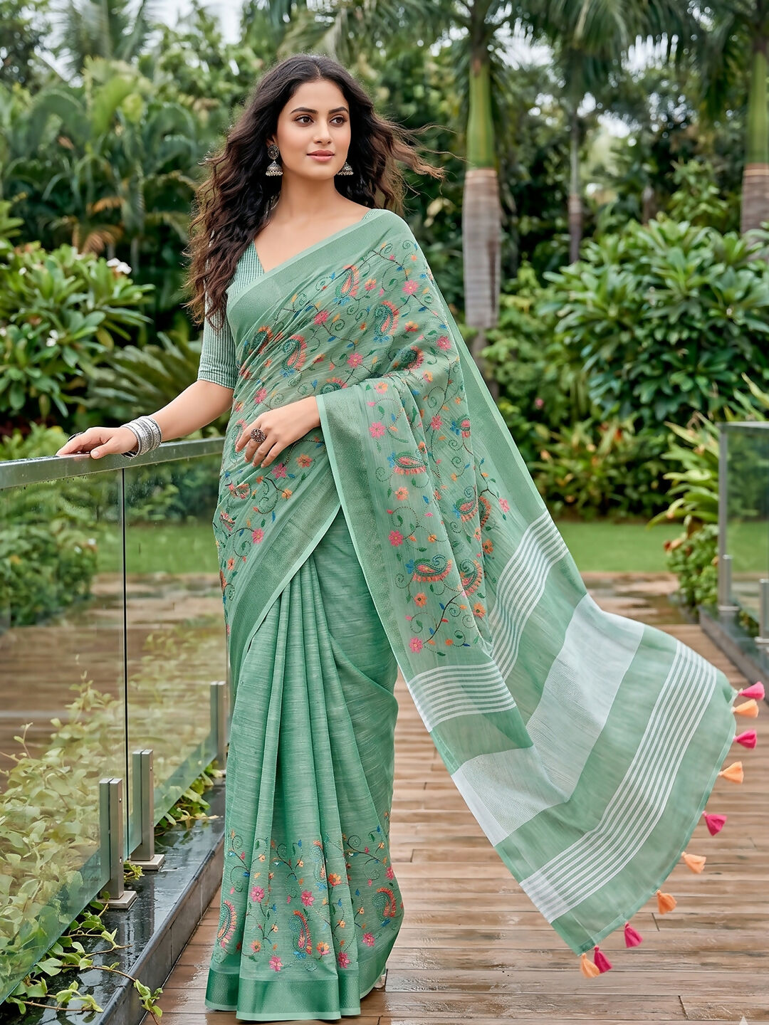 Shree Shyam Fashion Sea Green Linen Saree - Dista