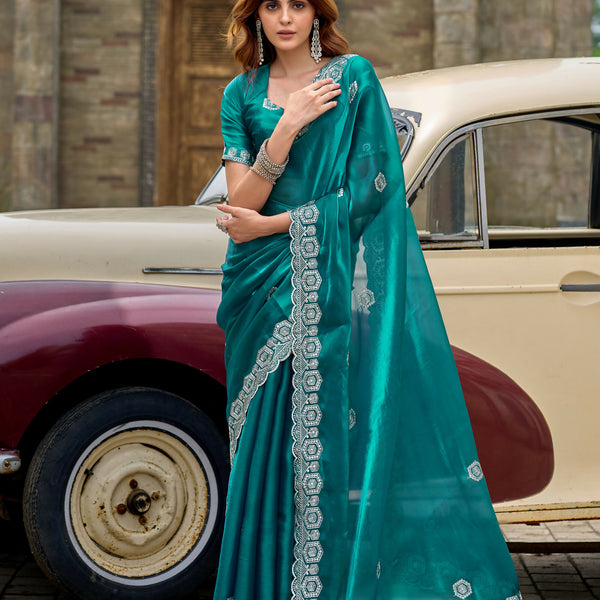 Vastranavya Rama Embroidery Work Shimmer Chiffon Saree with Unstitched Blouse