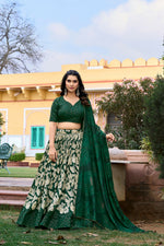 Thumbnail for Vastranavya Ethnic Look Tussar Silk Floral Printed With Foil Work Indian Lehenga Choli - Green - Distacart