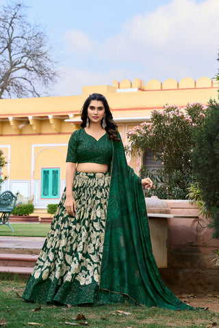 Vastranavya Ethnic Look Tussar Silk Floral Printed With Foil Work Indian Lehenga Choli - Green - Distacart