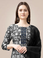 Thumbnail for Jyoti Fashion Women's Black Rayon Print with Embroidery & Fancy Lace Work Kurta with Trouser & Dupatta - Distacart