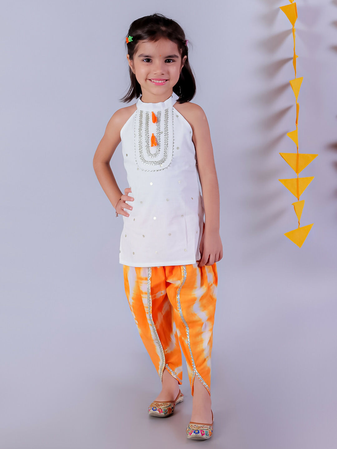 Lil Drama Janmashtami White Girls Cotton Kurta and Orange Dhoti Ethnic Set - Distacart