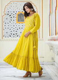Thumbnail for Kaajh Women's Yellow Embroidered Ethnic Gown - Distacart