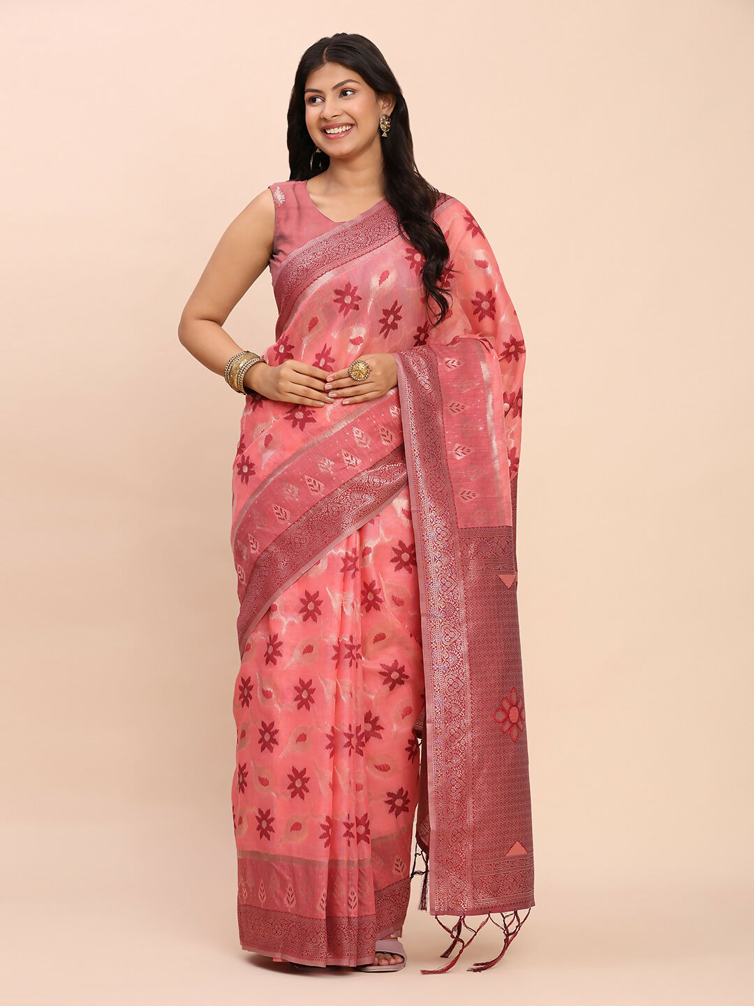 Astita Linen Cotton Peach Saree