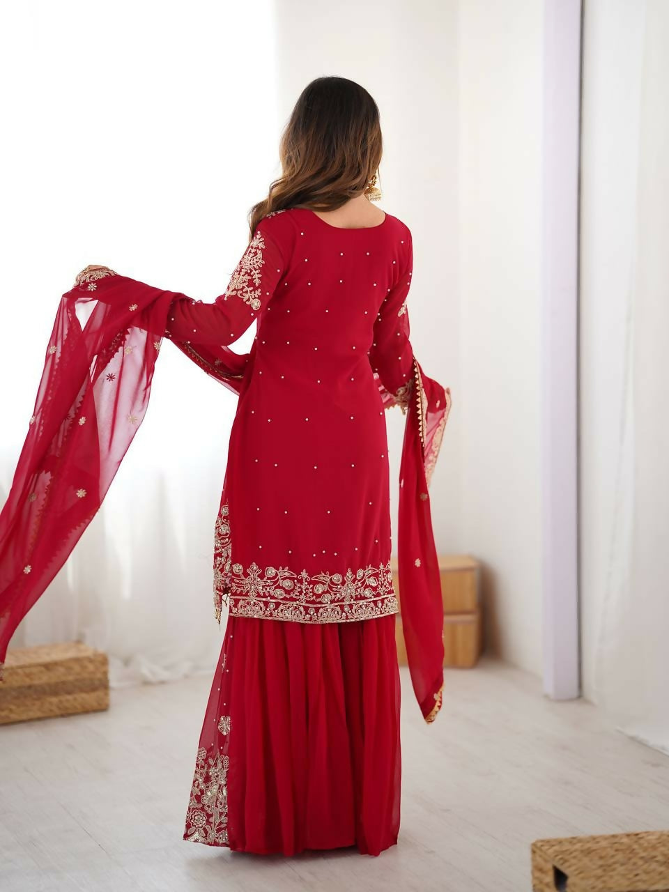 Teeya Creation Red Color Faux Georgette Embroidery Work Wedding Wear Sharara