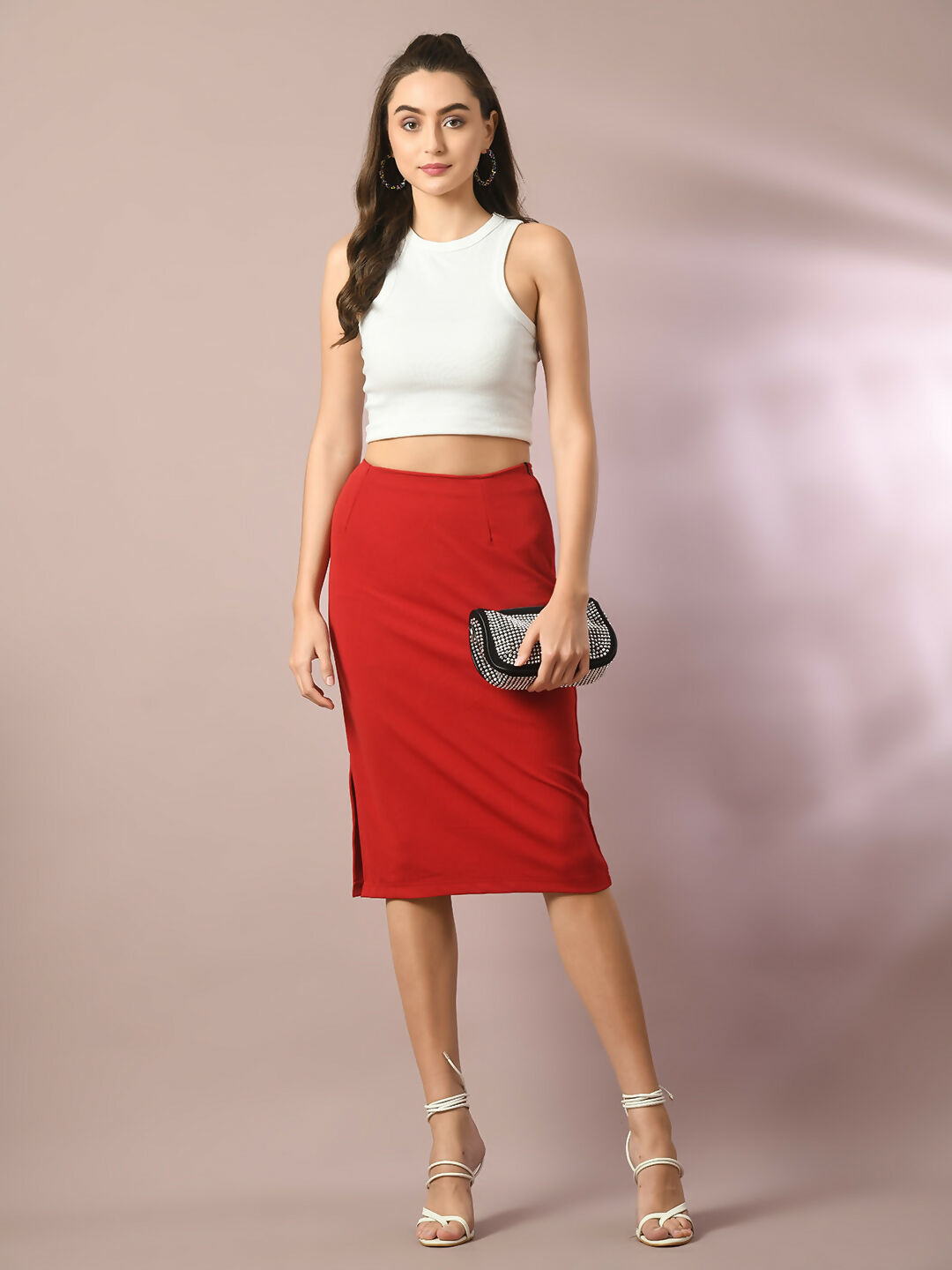 Myshka Women's Red Solid Knee Length Party Embellished Skirts - Distacart