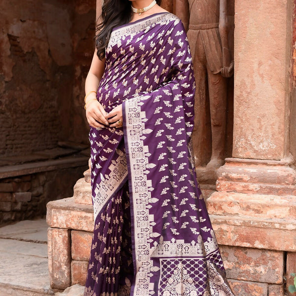 Joban Fashion Plum Purple Hand Woven & Zari Work Katan Pure Handloom Banarasi Silk Saree - Dista