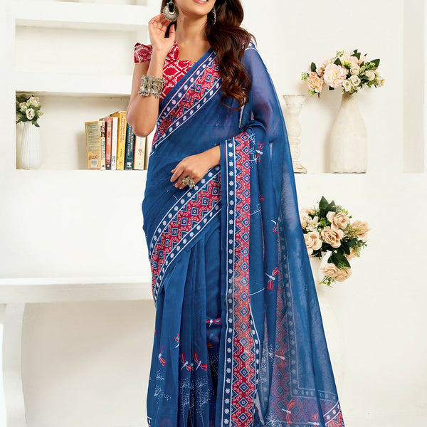 Joban Fashion Navy Blue Kalamkari & Ajrakh Linen Ready To Wear Saree With Unstitched Blouse - Distacart
