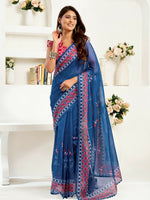 Thumbnail for Joban Fashion Navy Blue Kalamkari & Ajrakh Linen Ready To Wear Saree With Unstitched Blouse - Distacart