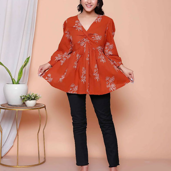 Miravan Womens Rust Floral Printed Balloon Sleeves V Neck Butterfly Top - Distacart