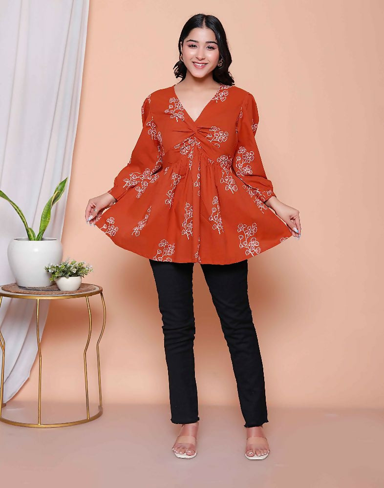 Miravan Womens Rust Floral Printed Balloon Sleeves V Neck Butterfly Top - Distacart