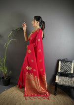 Thumbnail for Joban Fashion Red Banarasi Lichi Silk Gold Zari Meena Saree - Distacart