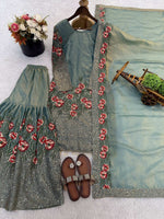 Thumbnail for Teeya Creation Teal Fendy Silk Heavy Embroidery Work Party Wear Sharara Suit - Distacart