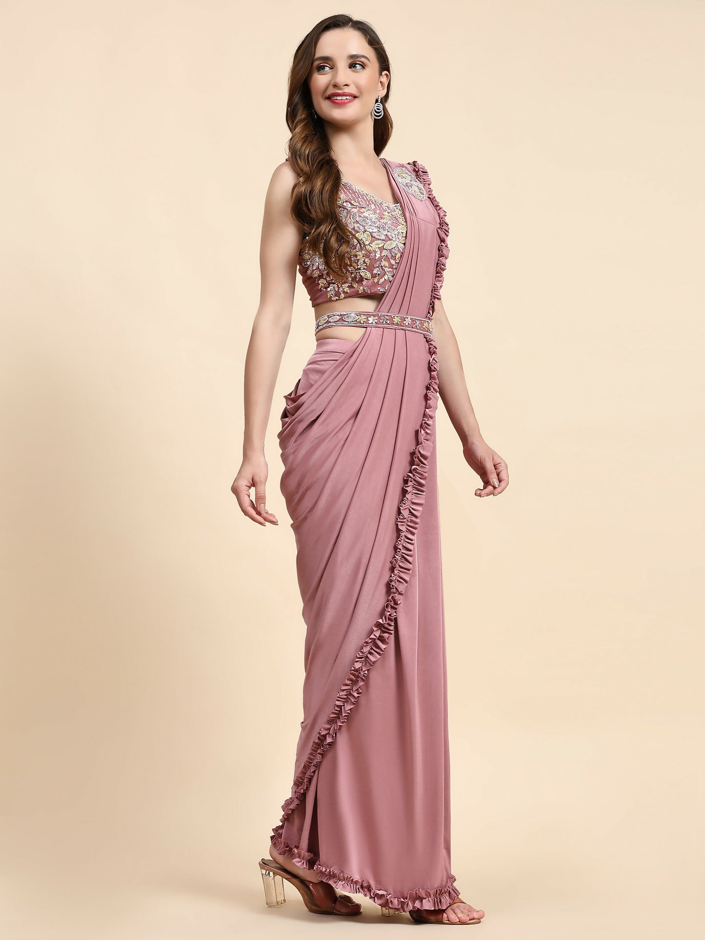 Pink Lycra Solid Ready to wear Saree with stitched Blouse - Vanita - Distacart