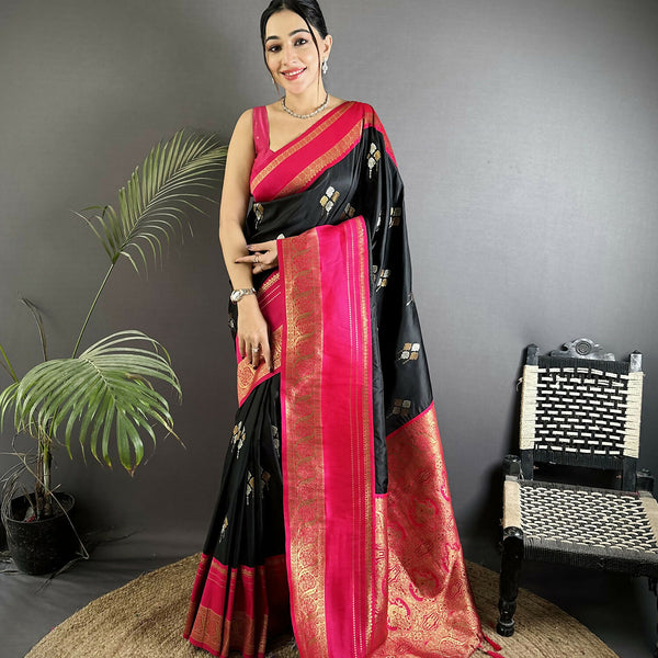 Joban Fashion Black Banarasi Soft Silk Woven Saree