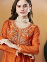 Thumbnail for The52 Orange Women's Beautiful Vichitra Silk Fabric Embroidered Work Flared Anarkali Pant and Dupatta Set - Distacart