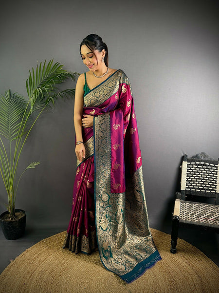 Joban Fashion Banarasi Rani Pink Woven Butti Soft Silk Saree