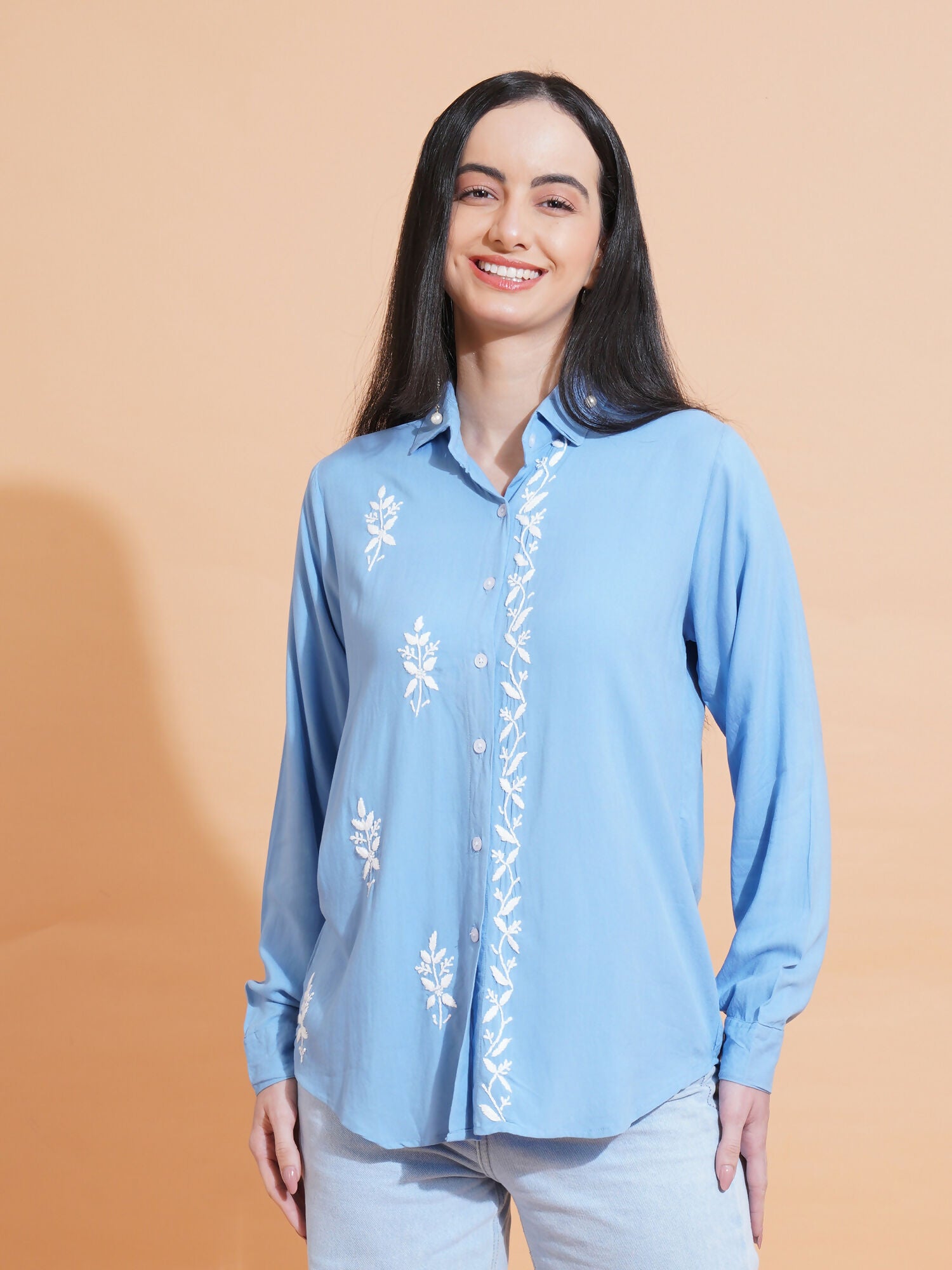 Pahnaz Modal Chikankari Handwork Shirt-Blue - Dista