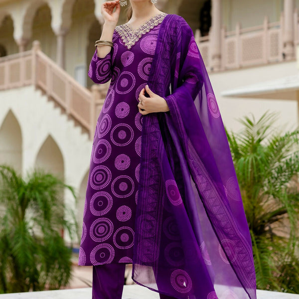 The52 Purple Women's Gorgeous Rayon Embroidered Straight Kurta with Pant And Dupatta Set - Distacart
