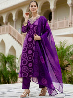 Thumbnail for The52 Purple Women's Gorgeous Rayon Embroidered Straight Kurta with Pant And Dupatta Set - Distacart