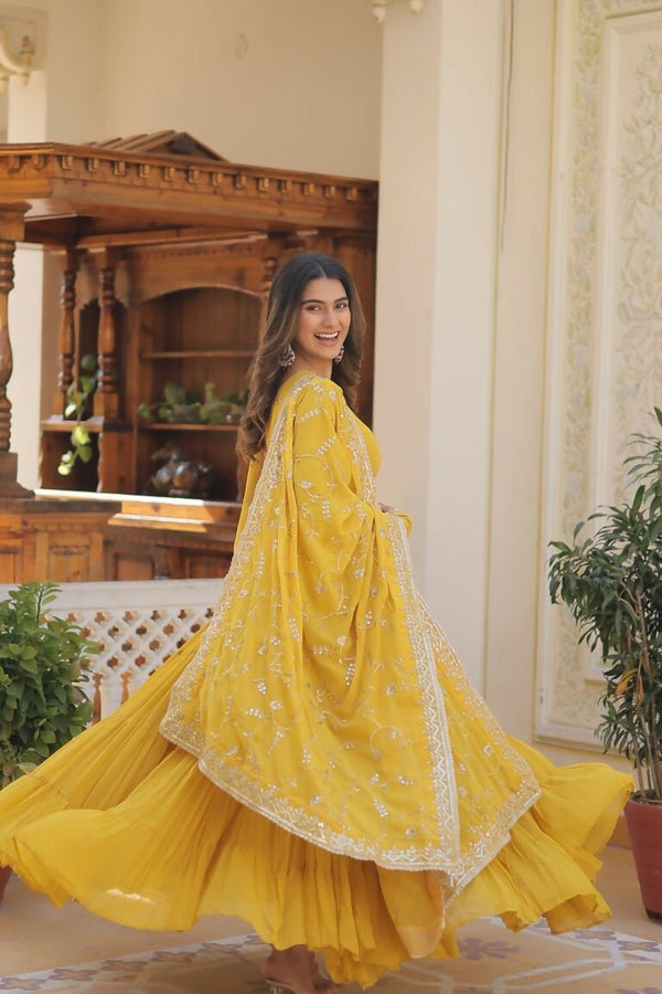 Aastha Fashion Women's Yellow Faux Georgette Sequins Embroidered Anarkali Dress with Dupatta - Distacart