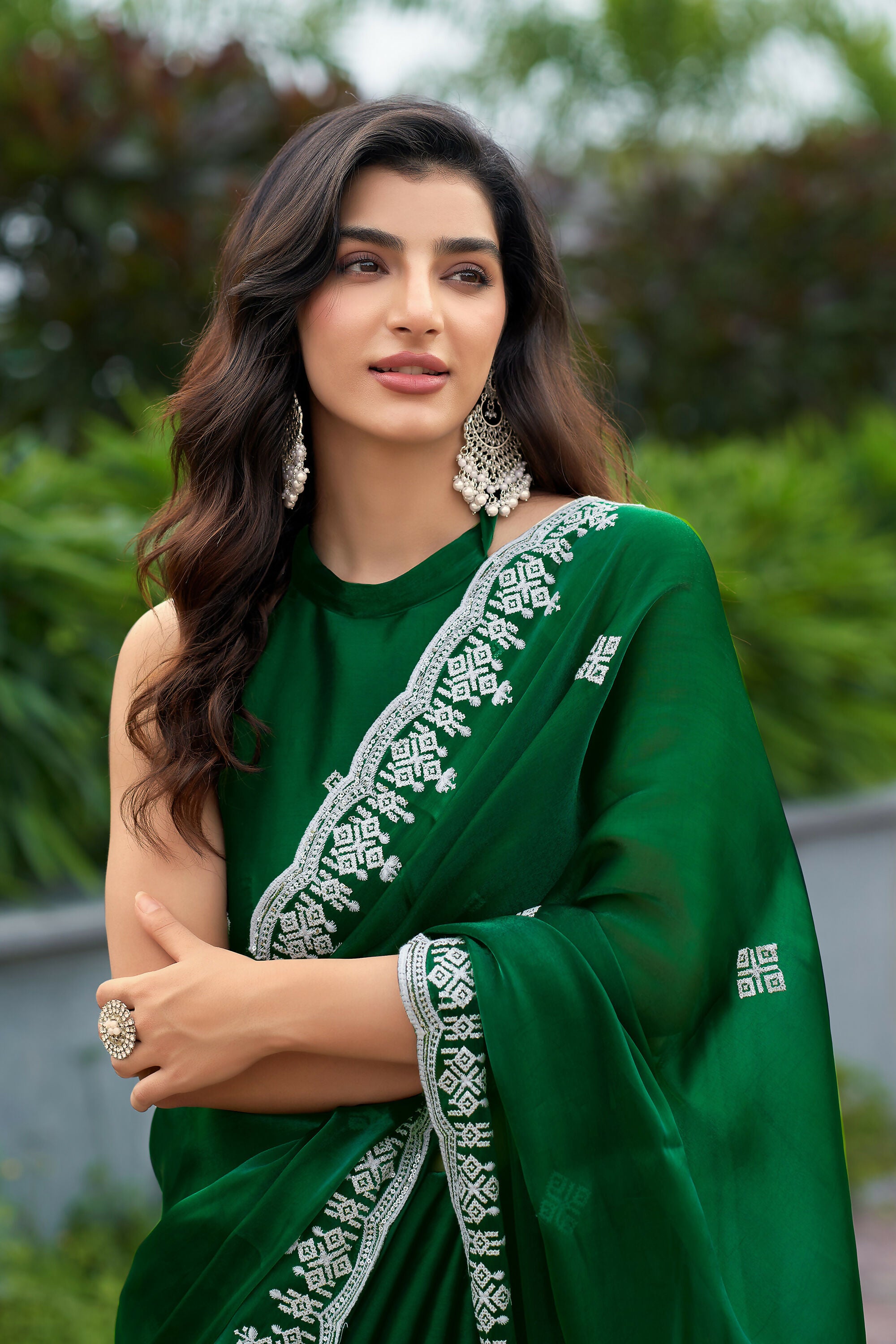 Vastranavya Green Embroidery Work Shimmer Chiffon Saree with Unstitched Blouse