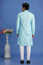 Thumbnail for Raivat Ethnic Cotton Embroidery Kurta Pajama In Sky Blue Colour - Dista
